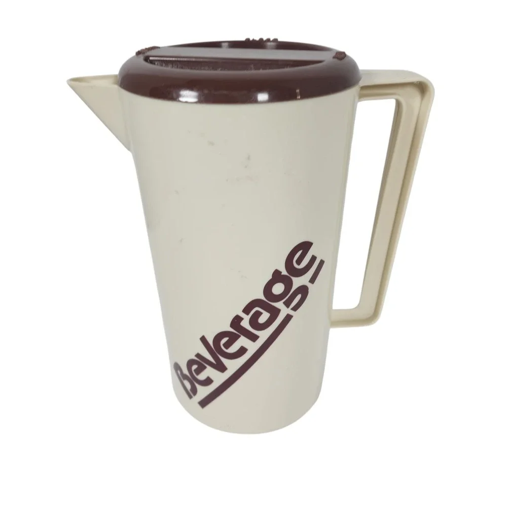Vintage Beige Beverage Pitcher‎ with Brown Lid and Script Accent